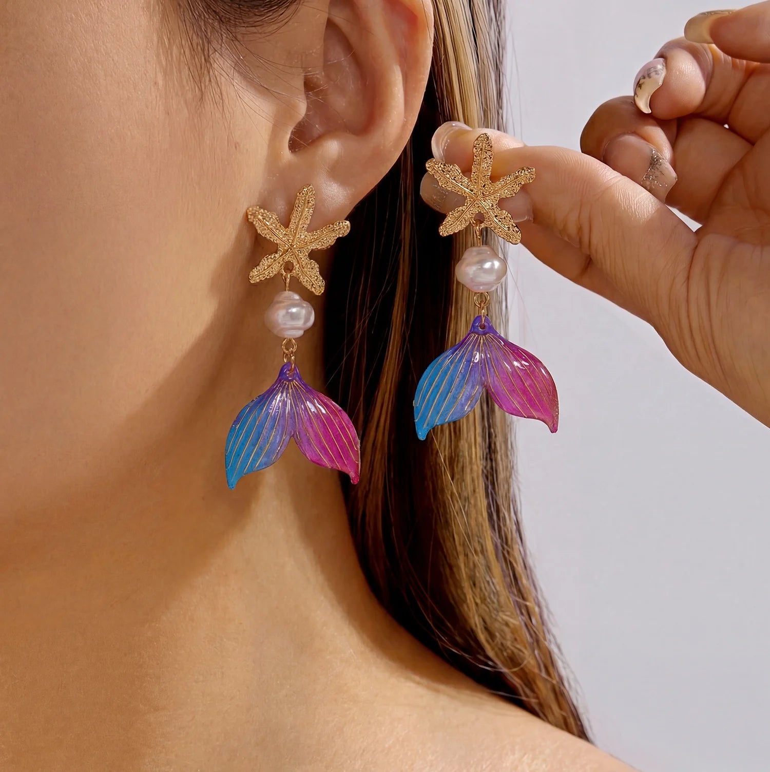 Boho Ocean Theme Cute Ceramic Fish Drop Earrings For Women Textured Starfish Red Coral Stacked Earring Beach Vacation Jewelry