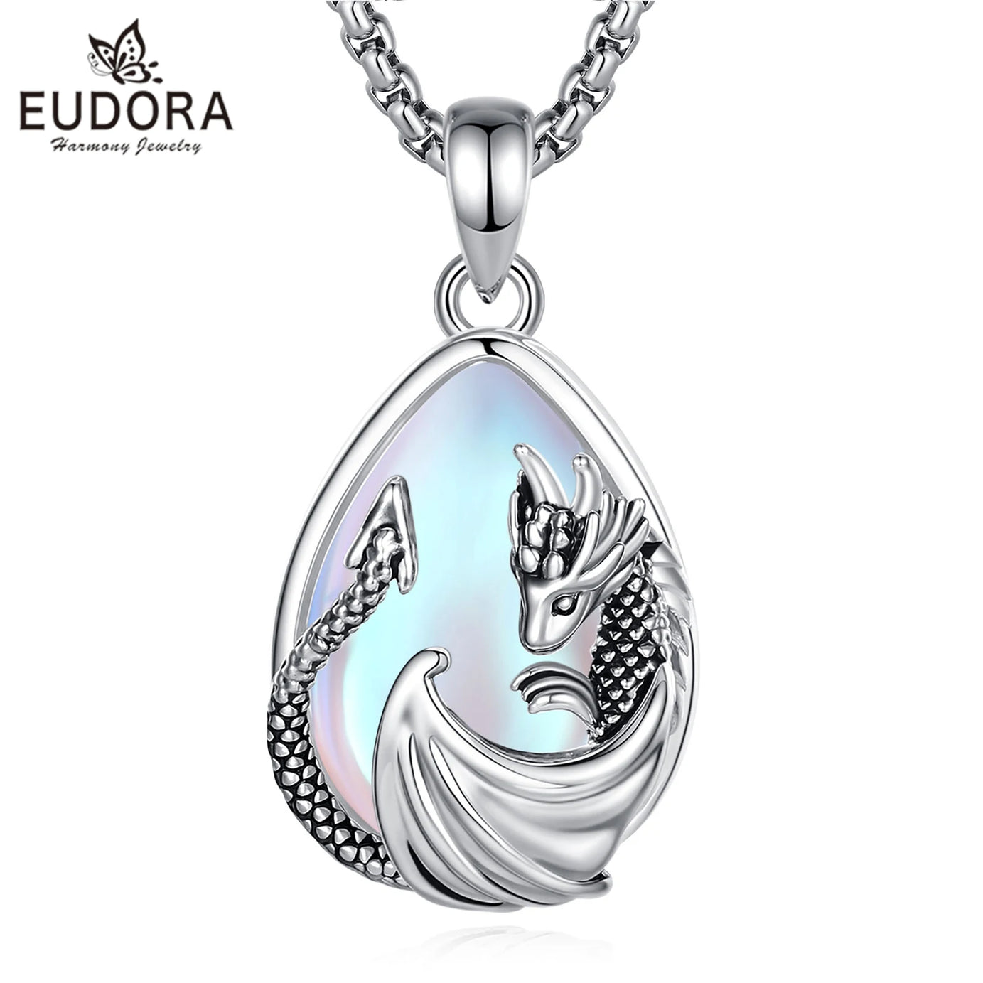 Moonstone Dragon Crescent Pendant Necklace, Celestial Guardian Amulet