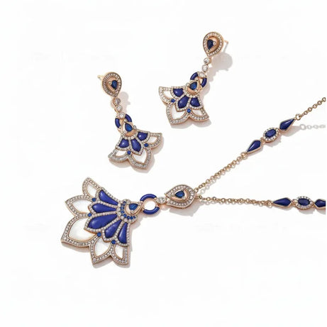 Designer Collection Stud Earrings Necklace Women Lady Inlay Cubic Zircon Mother Of Pearl Lapis Lazuli Dinner Party Jewelry Set - Charlie Dolly