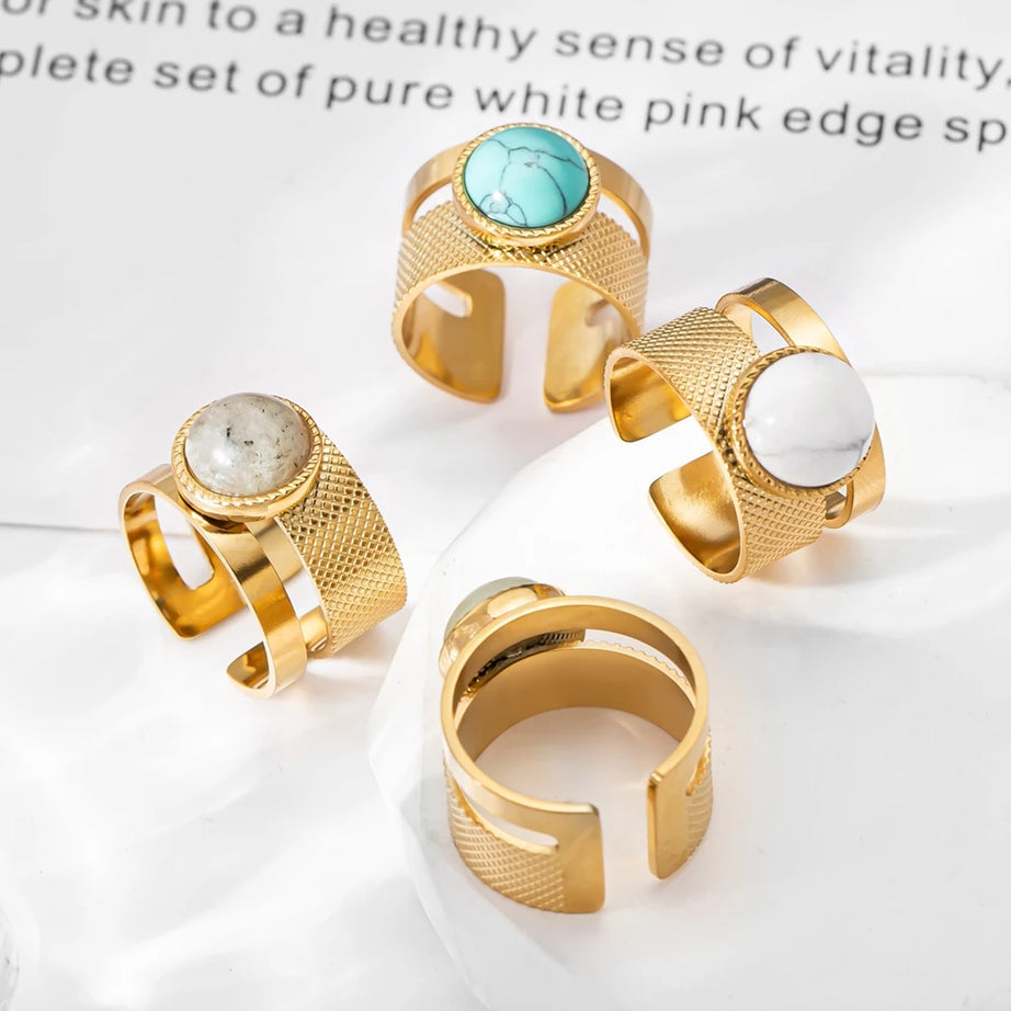 WILD & FREE Boho Stainless Steel Rings For Women Glamour Trendy Gold Color Inlaid Natural Stone Statement Jewelry - Charlie Dolly