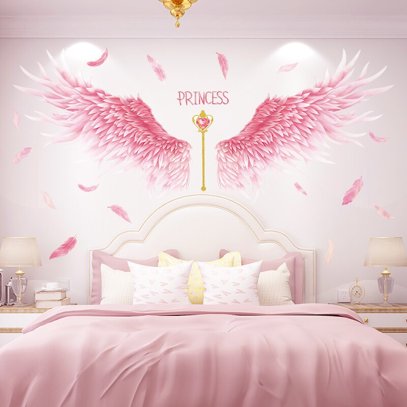 Creative Pink Feathers Wings Wall Stickers DIY Cartoon Girl Wall Decals for Kids Rooms Kindergarten Nursery Home Decoration - Charlie Dolly