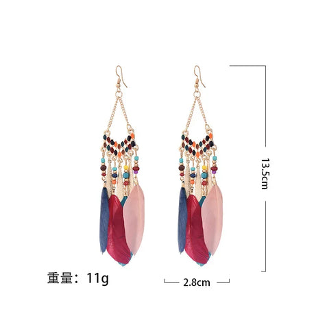 Feather Colorful Bead Long Tassel Earrings Jewelry