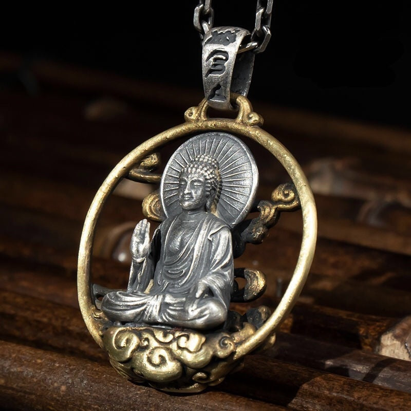 Classic Vintage Ring Buddha Pendant Necklace for Men Women Trend Party Street Prayer Amulet Jewelry Gift