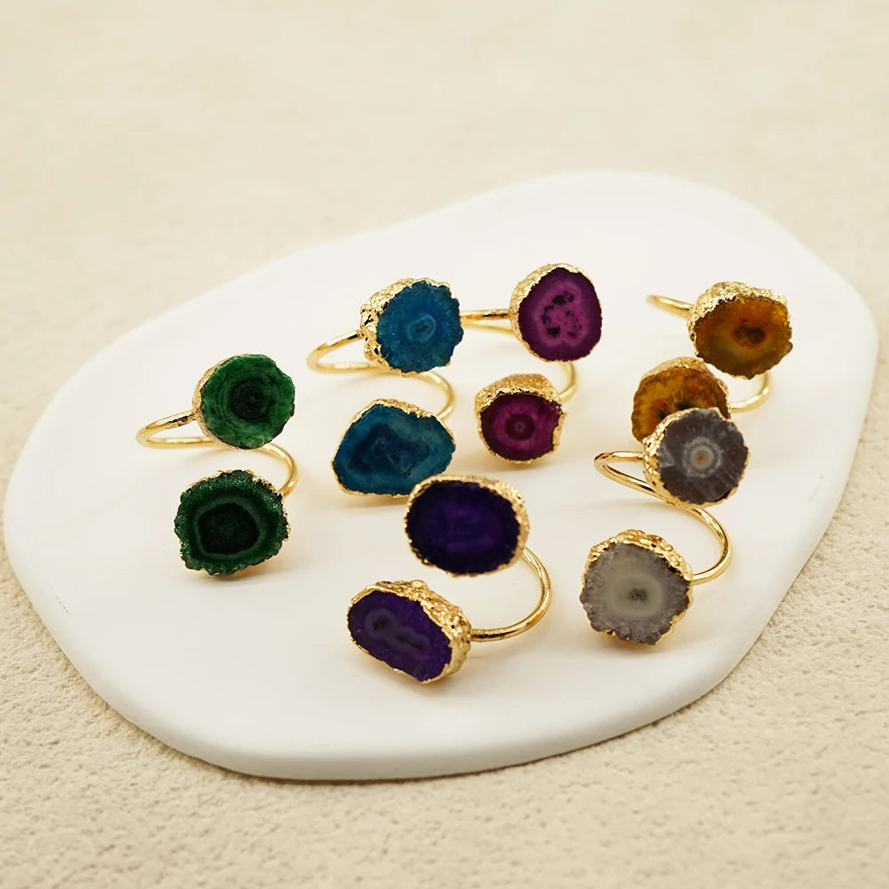 Irregular Agate Slices Open Cross Ring for Women Girls Boho Rough Natural Stone Sunflower Finger Jewelry Wedding Party Gift