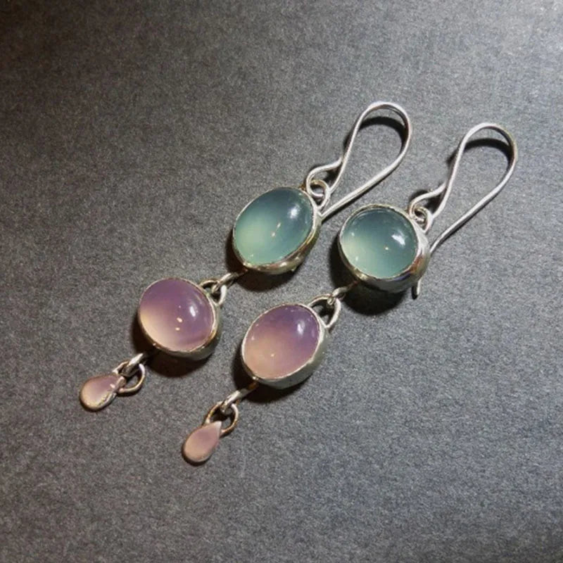 Delicate Natural Moonstone Drop Earrings Charms Jewelry Oval Pink Blue Stone Wedding Earrings Engagement Gift for Women