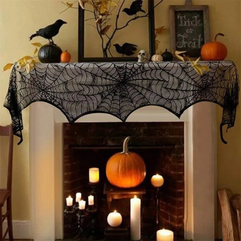 Halloween Bat Table Runner Black Spider Web Lace Tablecloth Fireplace Curtain for Halloween Party Home Decoration Horror Props - Charlie Dolly