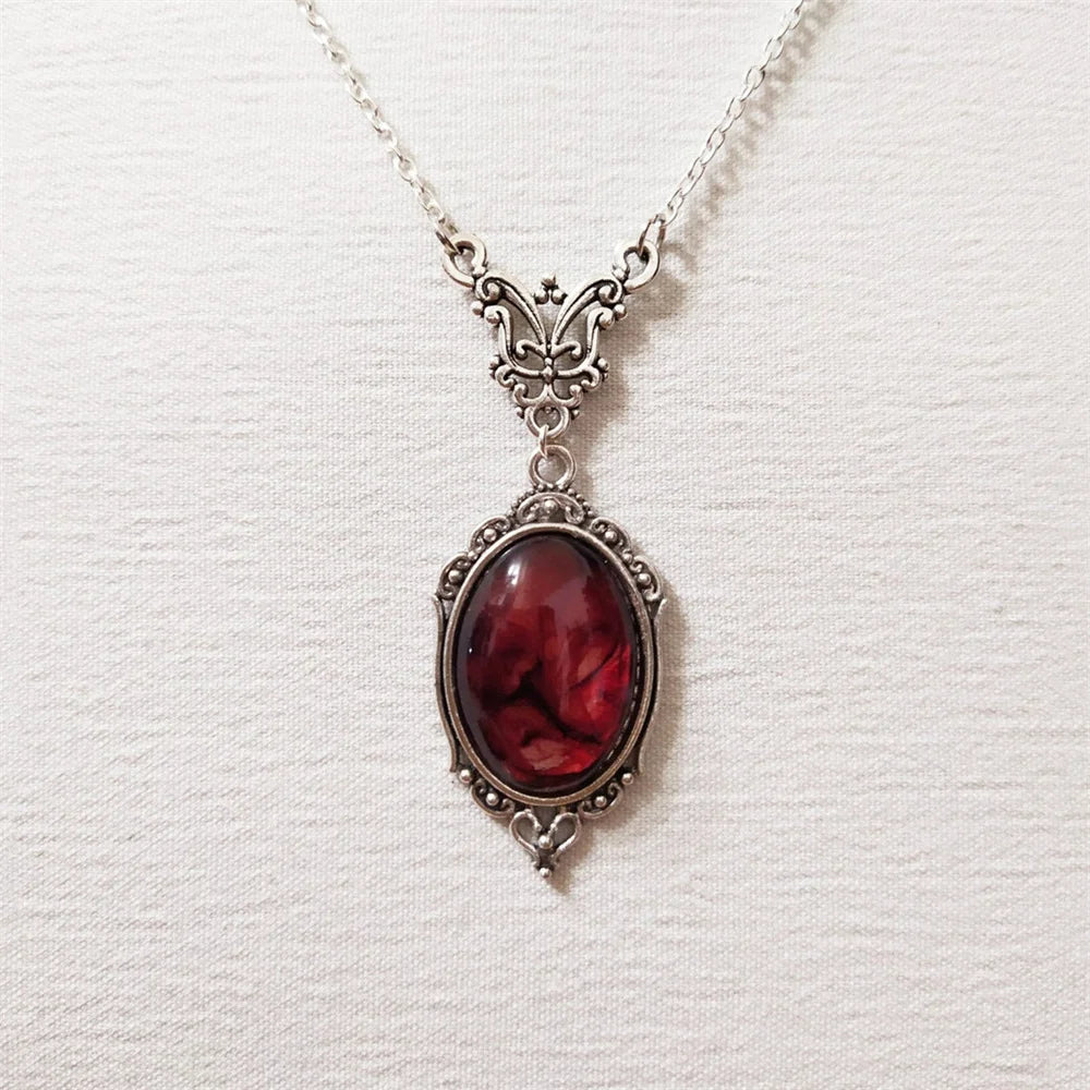 Gothic Blood Red Quartz Charm Necklace Oval Pendant Necklace For Women Halloween Vampire Embossed Witch Jewelry Vintage Chokers - Charlie Dolly