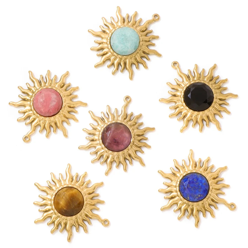2pcs 25x30mm Gold Color Sun Shape Natural Stone Pendant Inlaid with Lapis Lazuli Gem Charm for Jewelry Making Necklace Earring
