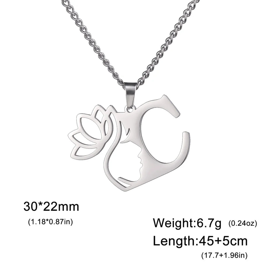 Lotus Flower Initial Letter Pendant, Personalized Stainless Steel Necklace