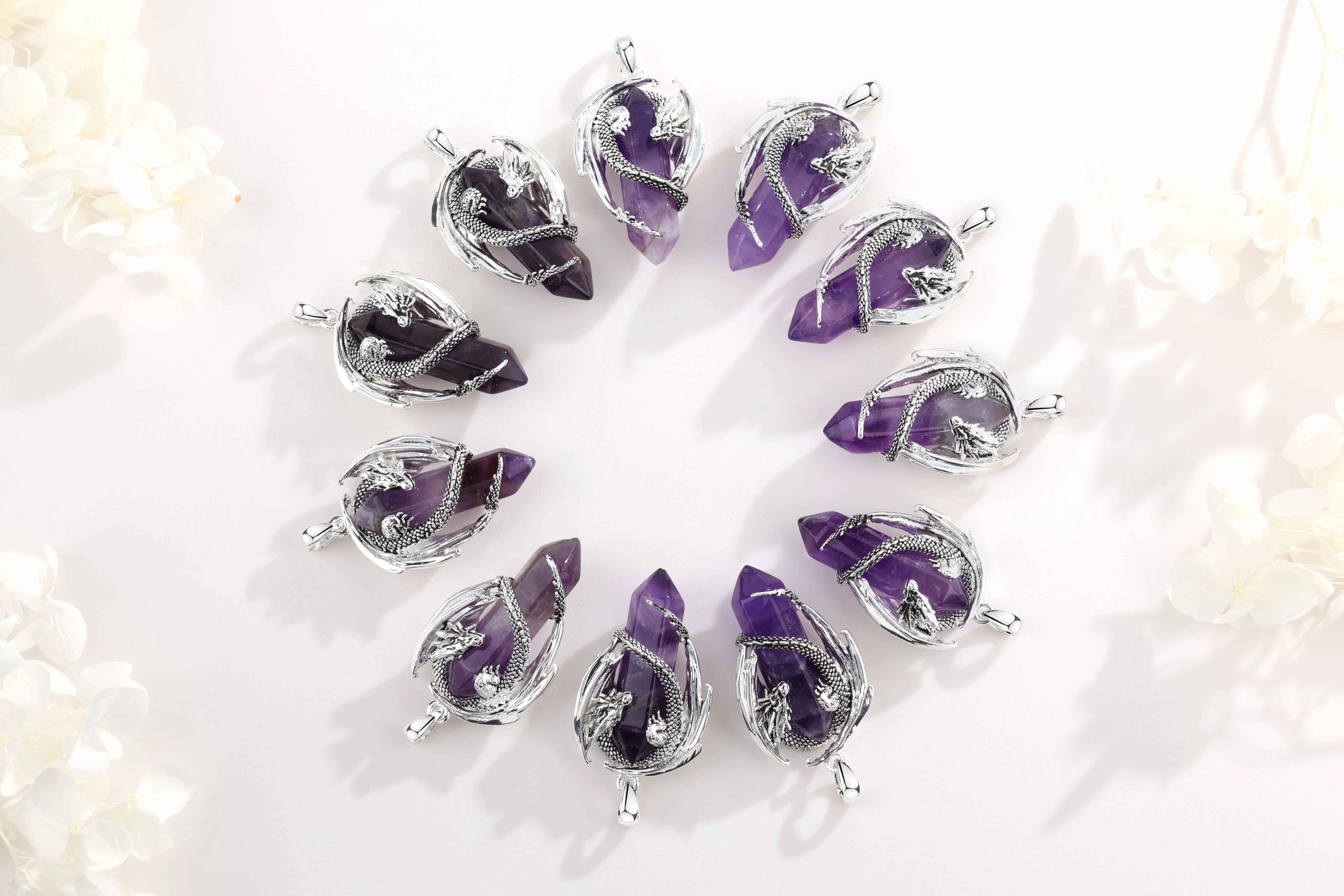 Eudora Dragon Twining Hexagonal Natural Obsidian Prismatic Necklace Punk Turquoise Amethyst Jade Pendant Malachite Jewelry Gift