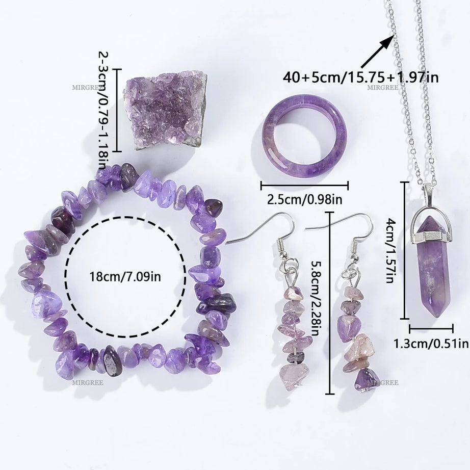 Natural Amethyst 5-Piece Crystal Set, Bracelet Necklace Ring & Earrings Healing Gift