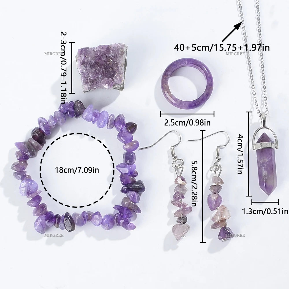 5pcs Natural Amethyst Set - Stone Bracelet, Crystal Pillar Necklace, Ring and Earrings, Healing Crystal Gemstone Accessories