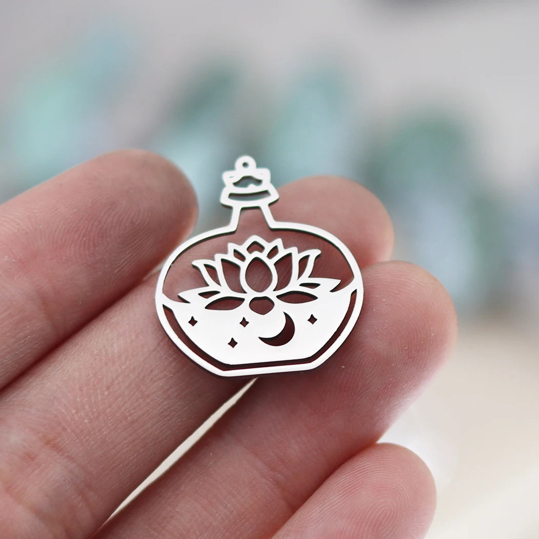 3pcs Exquiaite Amulet Moon Lotus Flower Charms DIY Craft Earrings Necklace Jewelry Making Yogo Buddhism Stainless Steel Pendant