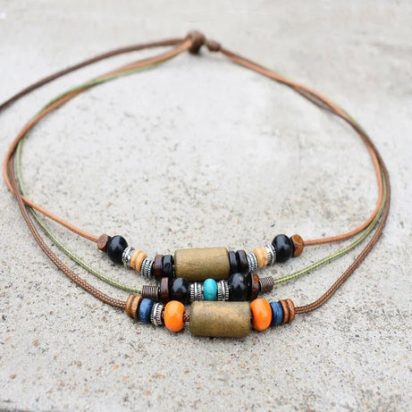 Wood Bead Wax Rope Multilayer Necklace Jewelry