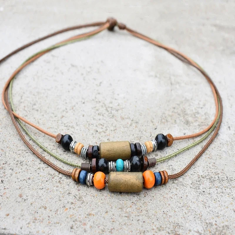 Wood Bead Wax Rope Multilayer Necklace Jewelry