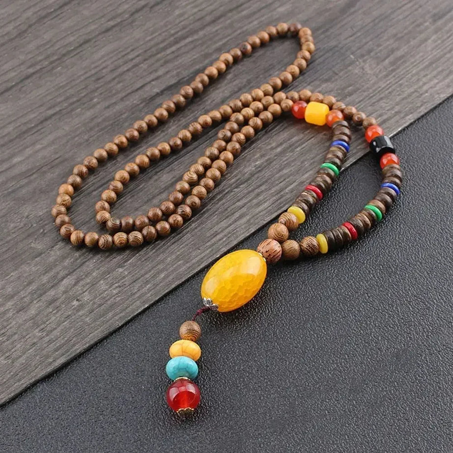 Nepal Wood Bead Mala Pendant Necklace Jewelry