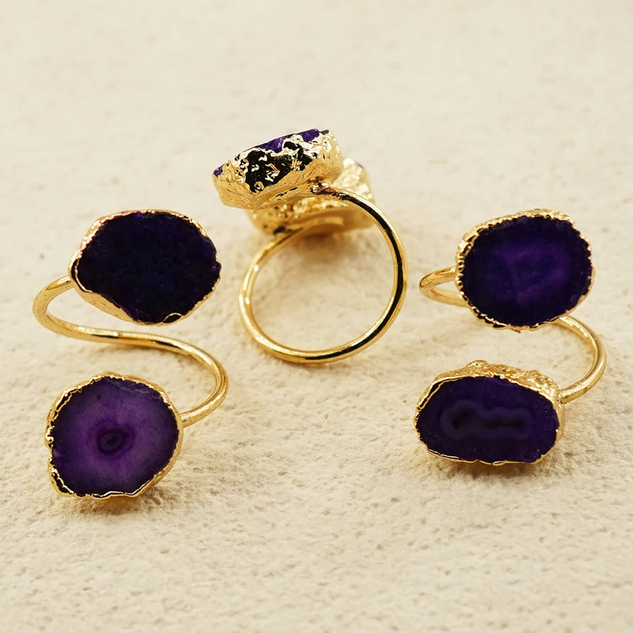 Irregular Agate Slices Open Cross Ring for Women Girls Boho Rough Natural Stone Sunflower Finger Jewelry Wedding Party Gift - Charlie Dolly