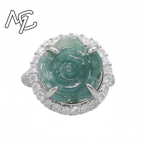 S925 Silver Burmese Jade Flower, Gourd & Butterfly Adjustable Ring, Sacred Amulet