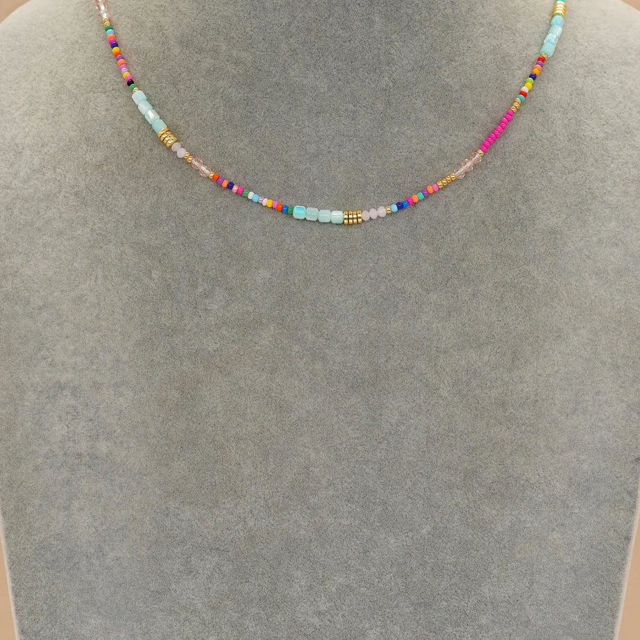 Rainbow Crystal and Shell Beaded Boho Choker Necklace