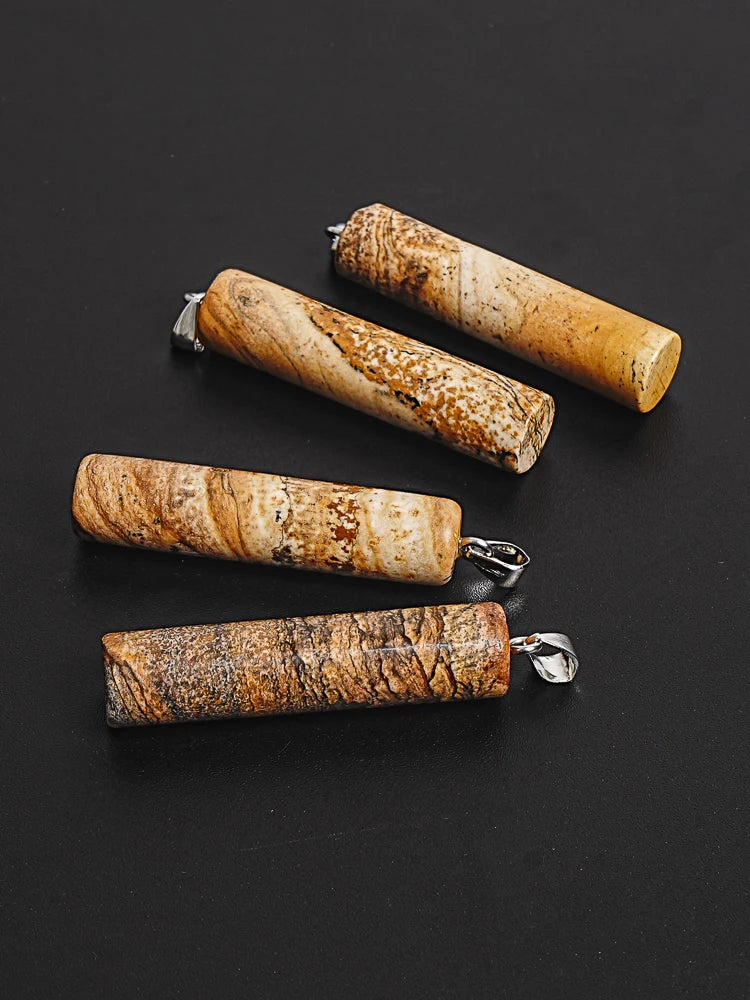 NATURAL PICTURE JASPER CYLINDRICAL PENDANT BROWN STONE 50X12MM FOR BOHO JEWELRY MAKING DIY NECKLACE BRACELET CHARM GIFT FOR HER