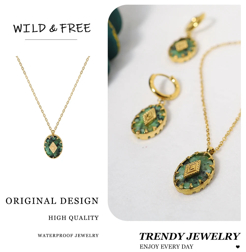 WILD & FREE Vintage Natural Stone Pendant Necklace for Women Luxury African Turquoise Drop Earrings Trendy Jewelry Set Gifts