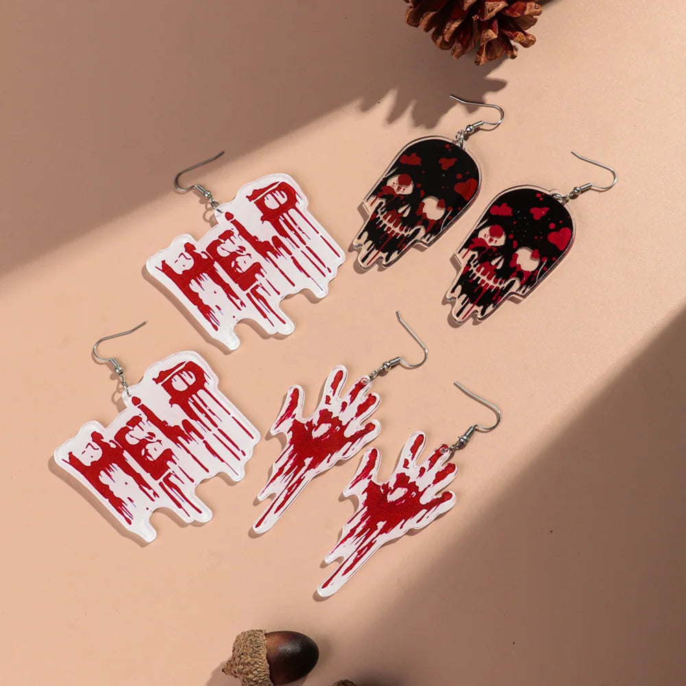Horror Bleeding Hand Acrylic Halloween Earrings for Women New Gothic Blood Skull HELP Drop Pendant Earring Party Jewelry Gifts - Charlie Dolly