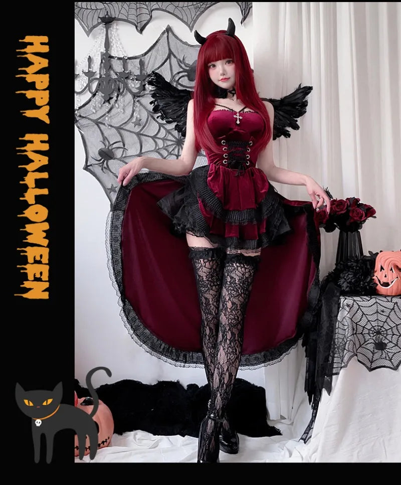 Cospaly Dark Gothic Halloween sexy lace dovetail halter dress Dovetail Witch Demon Vampire Ghost bridal dress - Charlie Dolly