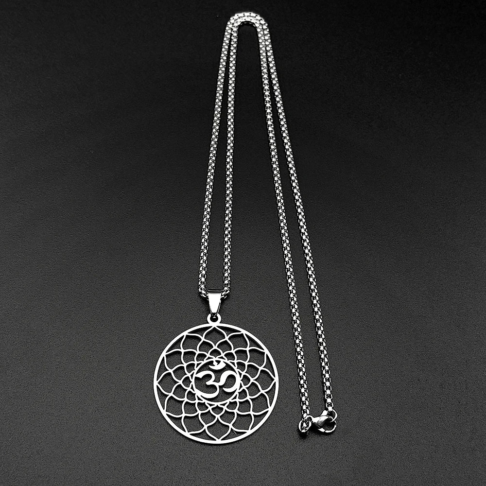 Lotus Flower of Life Hindu Om Symbol Yoga Stainless Steel Pendant Necklace for Women Men Gold Color Buddhist Chain Jewelry Gift