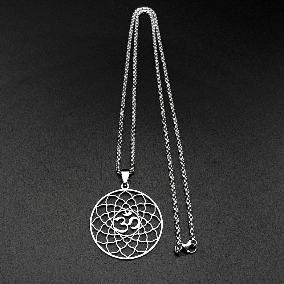Lotus Flower of Life & Hindu Om Yoga Amulet Necklace, Sacred Geometry Talisman