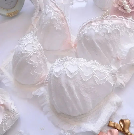 Japanese Water-soluble Embroidery Thin Cup Girl Cute Gathering Sexy Lingerie Set Large Bra Set