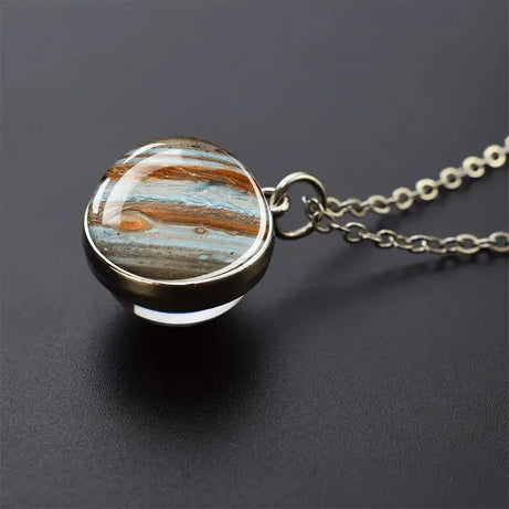 Double-Sided Galaxy Planet Glass Ball Pendant Necklace, Sun Moon Mars Cosmic Talisman