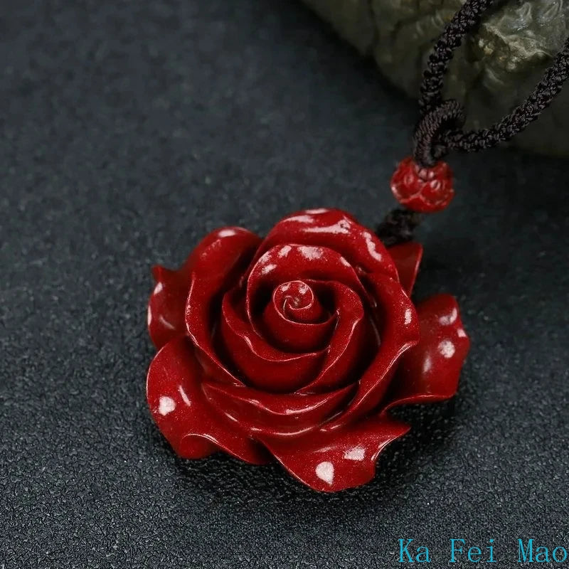 Fashion Cinnabar Jade Rose Flower Pendant Necklace Jewellery Chinese Healing Women Man Luck Gift Sweater Chain