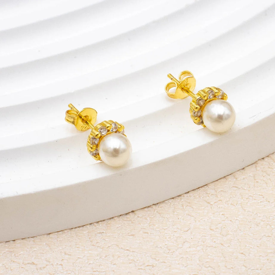 Pearl Zircon Gold Stud Earrings Jewelry