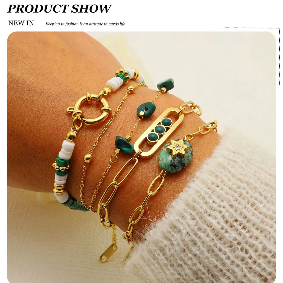 WILD & FREE Boho Vintage Green Natural Stone Bracelets for Women Stainless Steel Trendy Charms Aesthetic Jewelry Set - Charlie Dolly