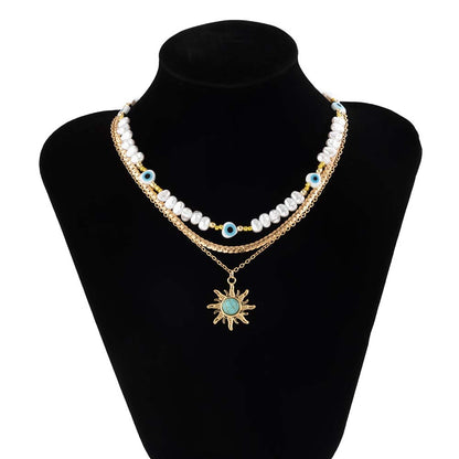 YUZZ Blue Turkish Evil Eyes Exquisite Sun Flower Pendant Necklace 2022 Summer Multilevel Female Boho Vintage Jewelry Party Gift