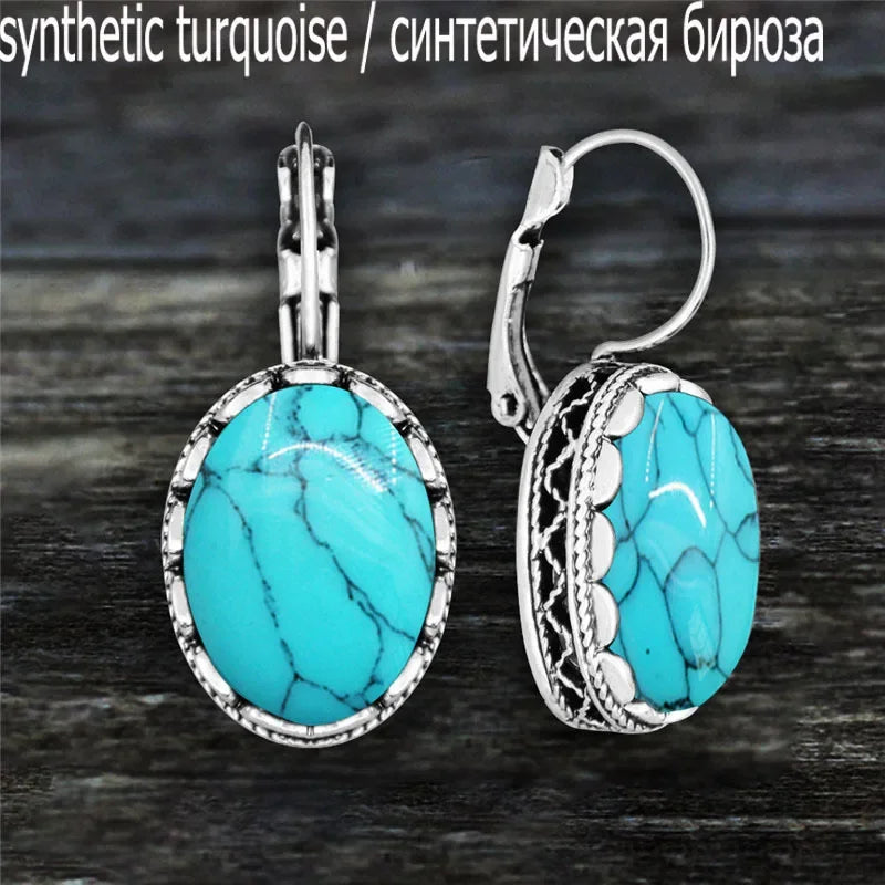 Oval Amethysts Earrings For Women Tibetan Silver Natural Stone Rose Quartz Lapis Lazuli Tiger Eye Fashion Earring