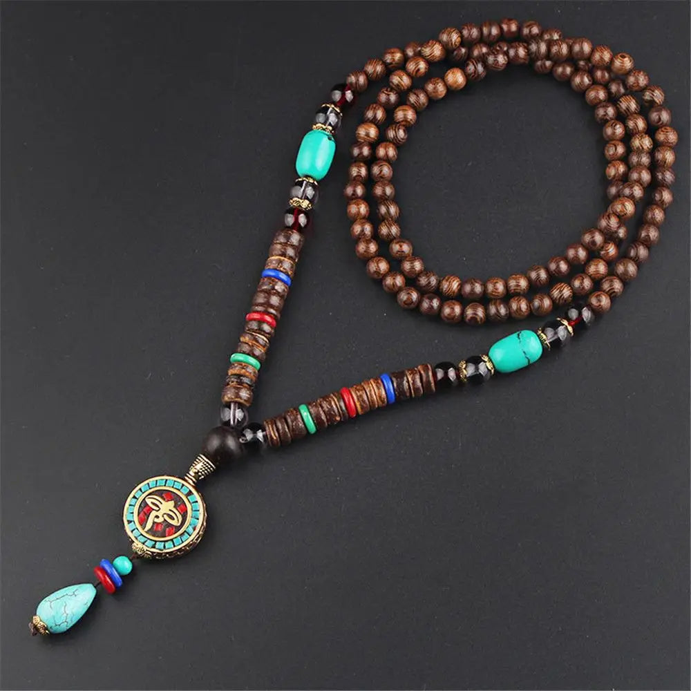 Nepal Wood Bead Tassel Sweater Chain Necklace Jewelry