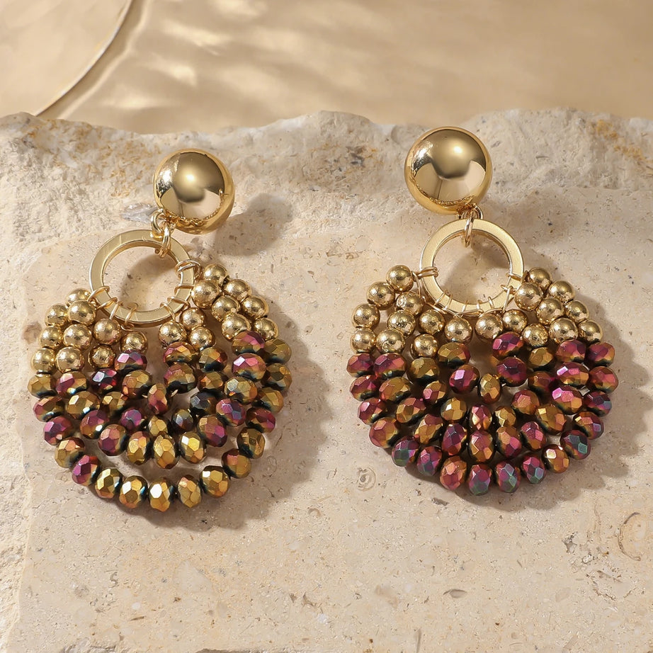 Layered Crystal Bead Round Drop Earrings Jewelry