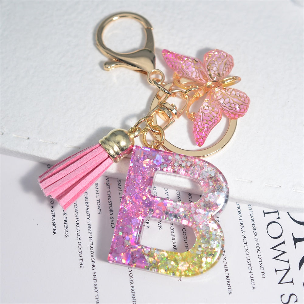 Cute Resin A-Z Initials Letter Keychain Pink Sparkle Butterfly Tassel Pendant Keyring for Women Girl Purse Handbags Jewelry Gift - Charlie Dolly