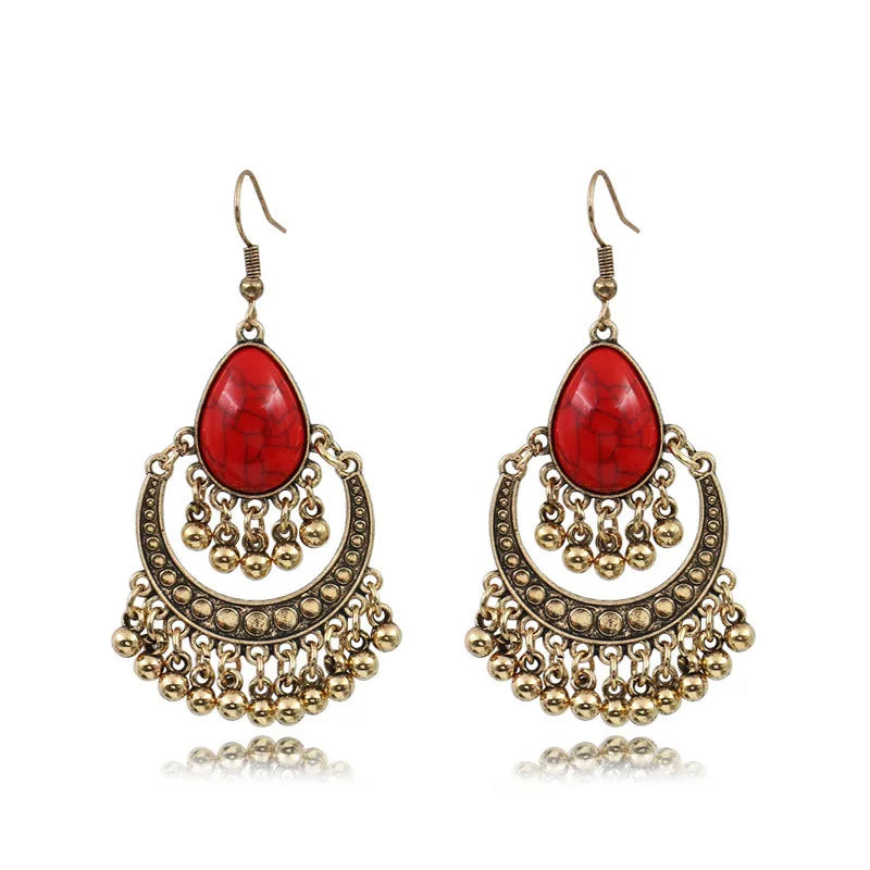 Ethnic Women's Alloy Inlaid Red Stone Earrings Tassel Wedding Danglers Boho Vintage Geometric Earrings Indian Gypsy Jewelry