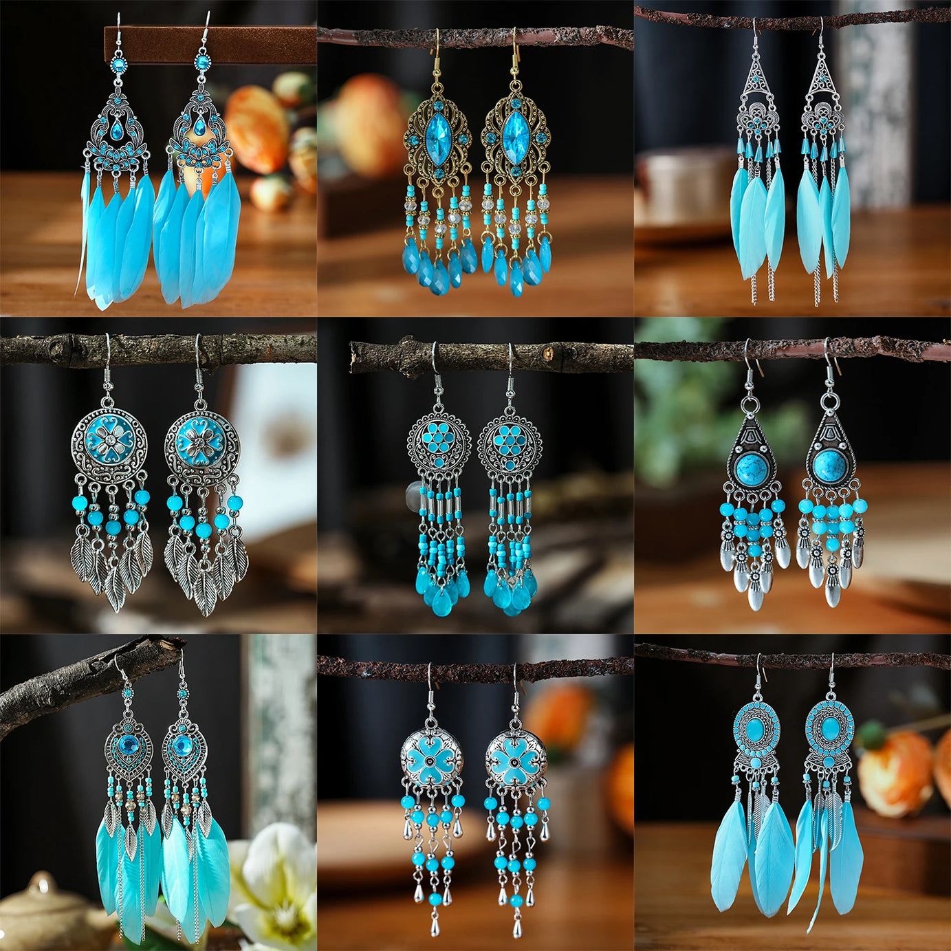 Blue Enamel Feather Crystal Long Earrings Jewelry
