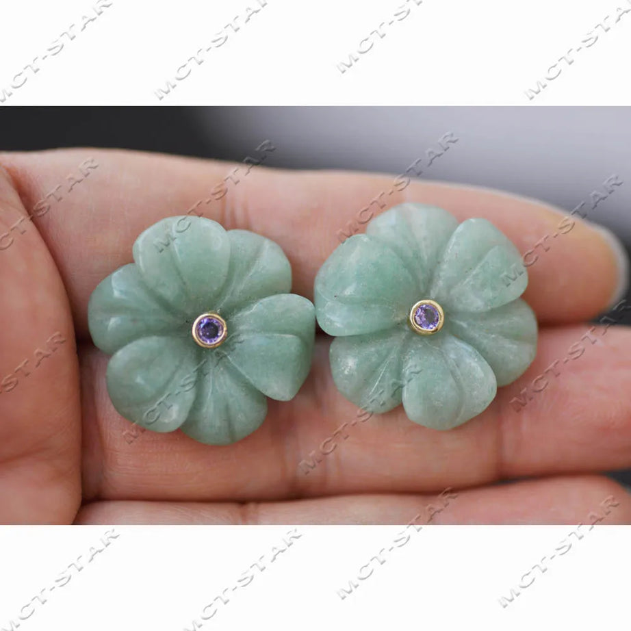 Z14219 Natural 25mm Blue Lapis lazuli Green Yellow Jade Jasper Pink Crystal Flower CZ Stud Earring - Charlie Dolly