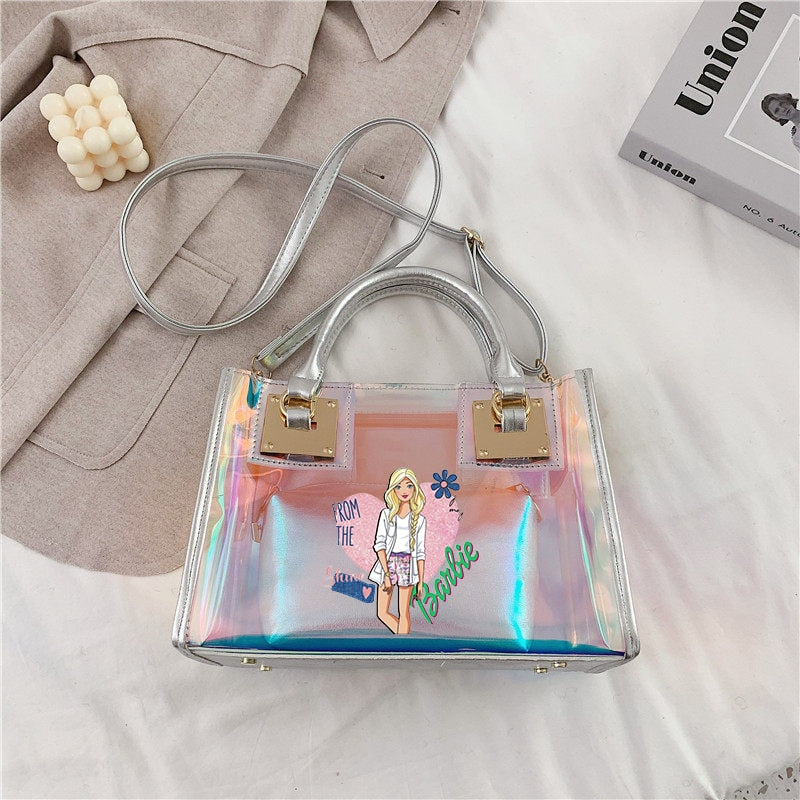 Barbie Princess Summer Transparent Handbag Anime Y2K Girls Lasers Beach Bag Shoulder Bag Ladies Tote Bags Pu Messenger Organizer - Charlie Dolly