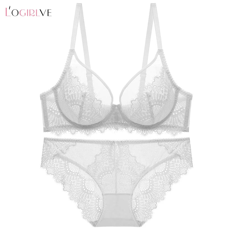 Logirlve Sexy Brassiere Transparent Ultrathin Bra Panty Set Push up Embroidery Underwear Set Plus Size Bras Women Lace Lingerie - Charlie Dolly