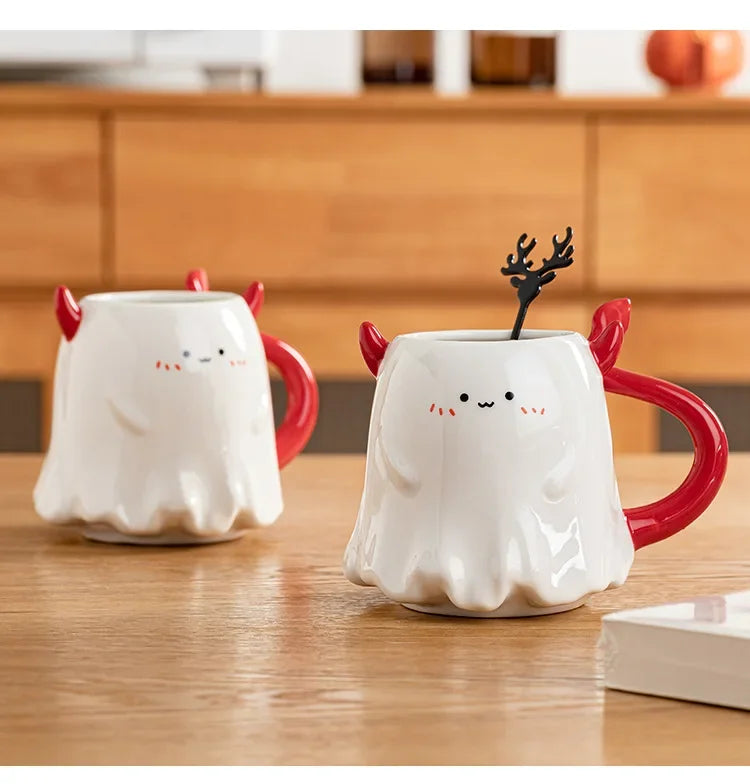 1pc 16oz Large Ceramic Halloween Devil Mug Adorable Cartoon Ghost Elf Kawaii Elves Porcelain Tea Cup Drinkware Gift for Kids - Charlie Dolly