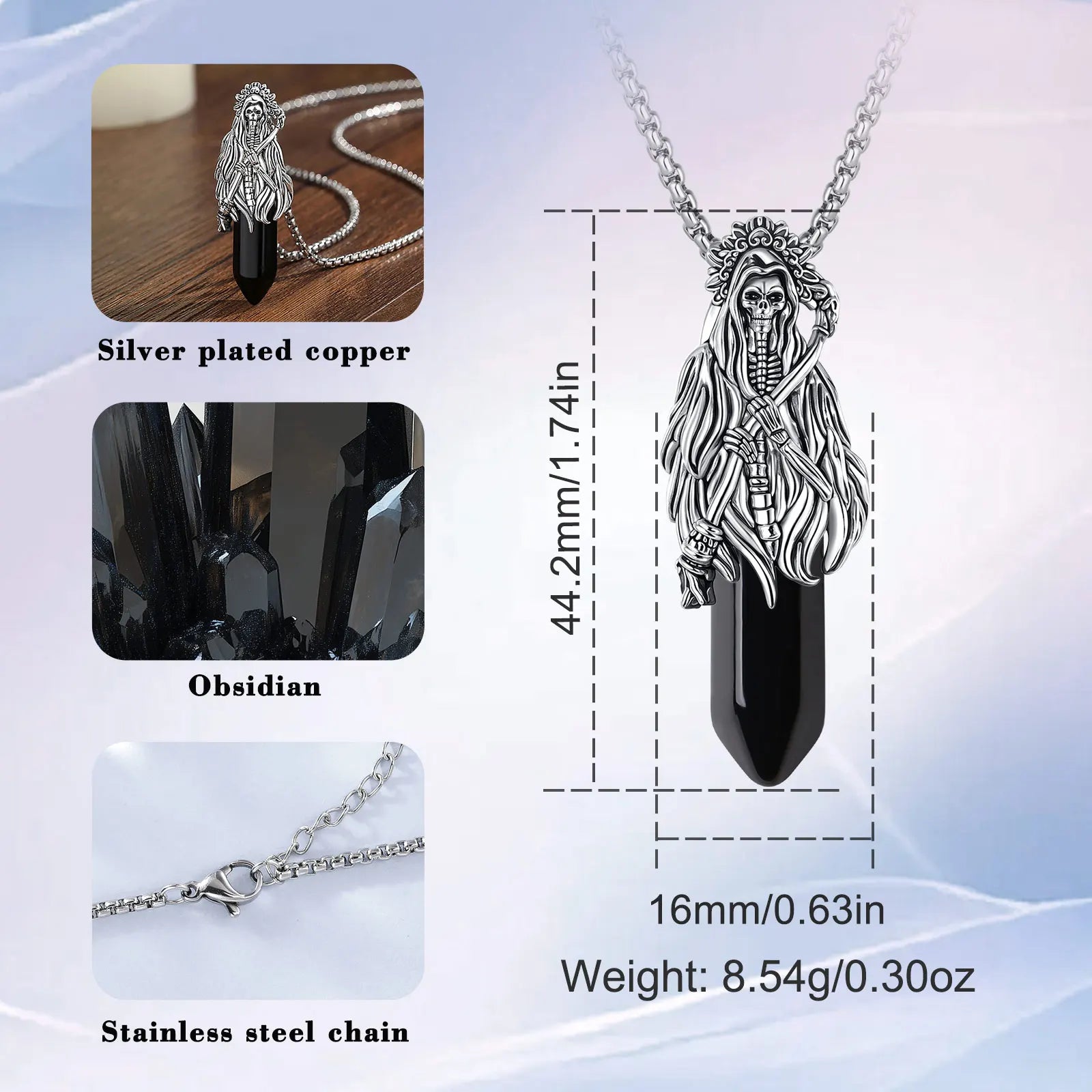 Eudora Obsidian Santa Muerte Necklace Holy Death Scythe Mexican Pendant Healing Crystal Stone Jewelry Spiritual Gift for Women
