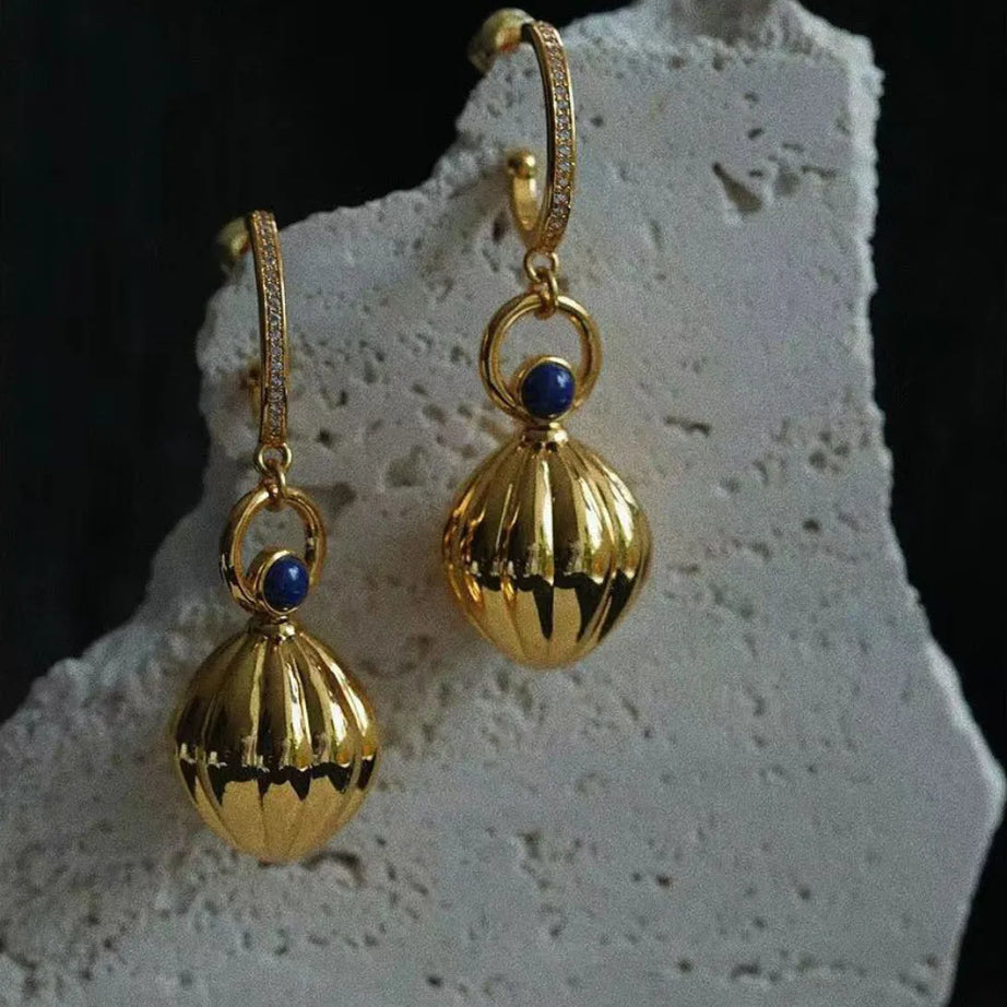 Nutmeg series original design retro artistic lapis lazuli earings long Ancient gold crafts glossy earrings for women jewelry - Charlie Dolly