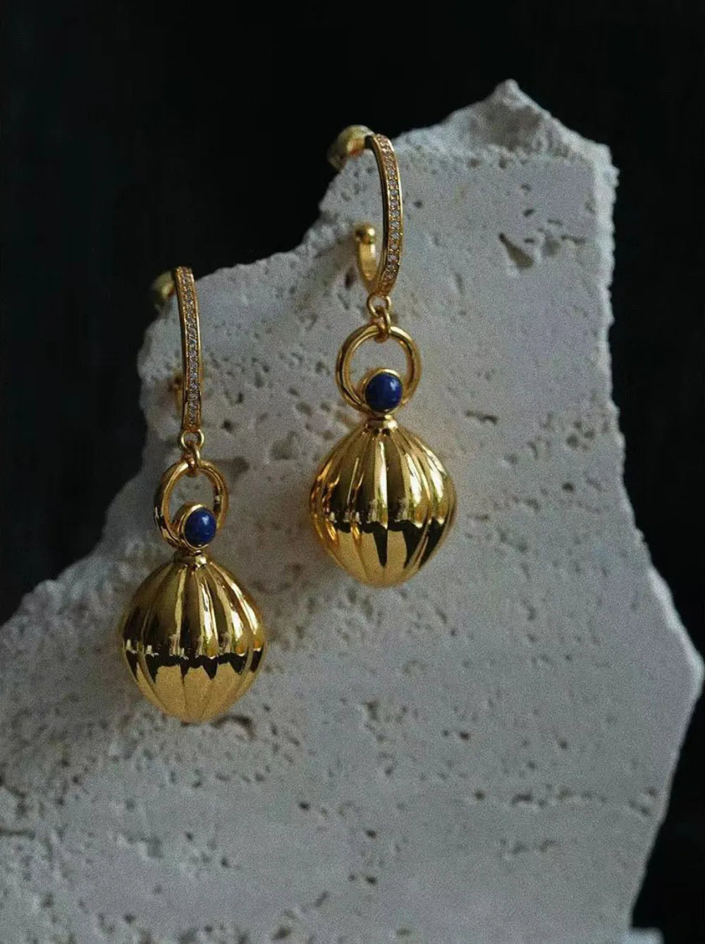 Nutmeg series original design retro artistic lapis lazuli earings long Ancient gold crafts glossy earrings for women jewelry
