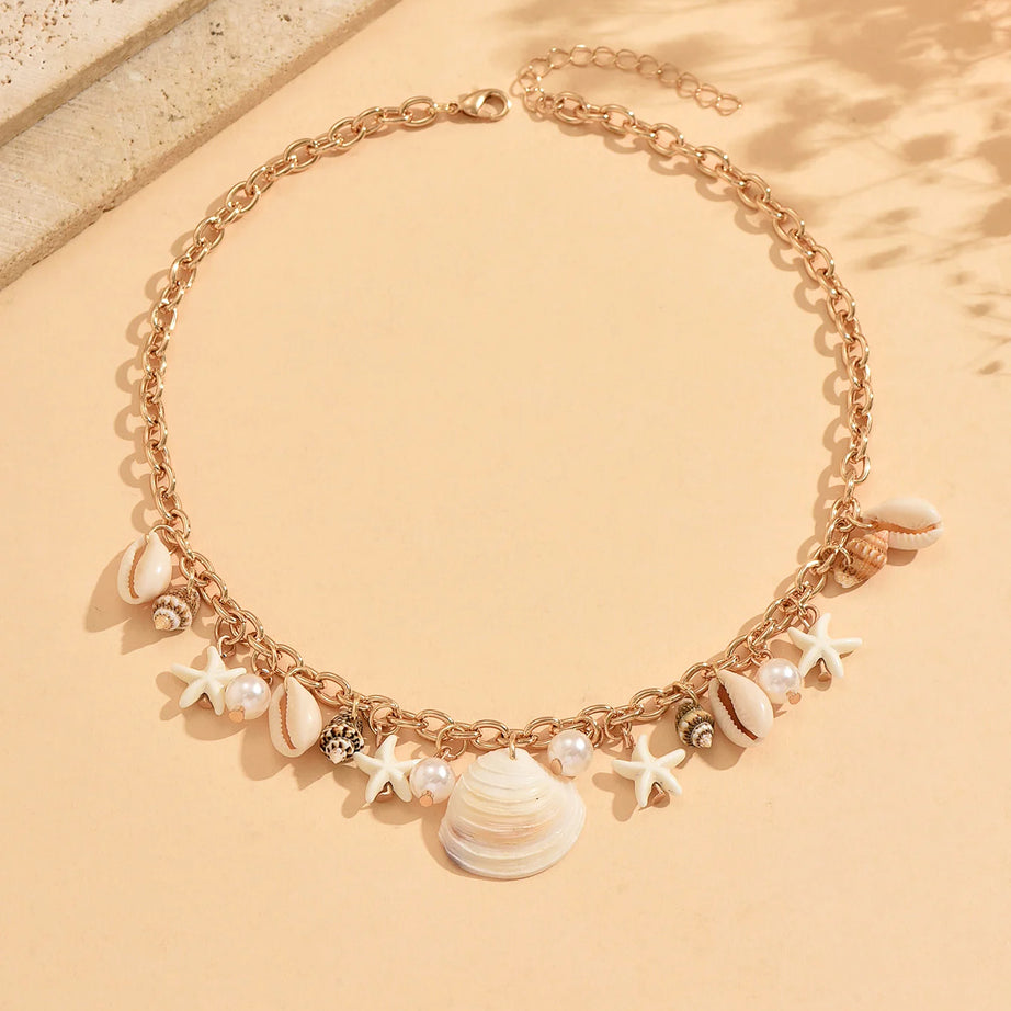Dainty Gold Cowrie Shell and Starfish Choker Necklace