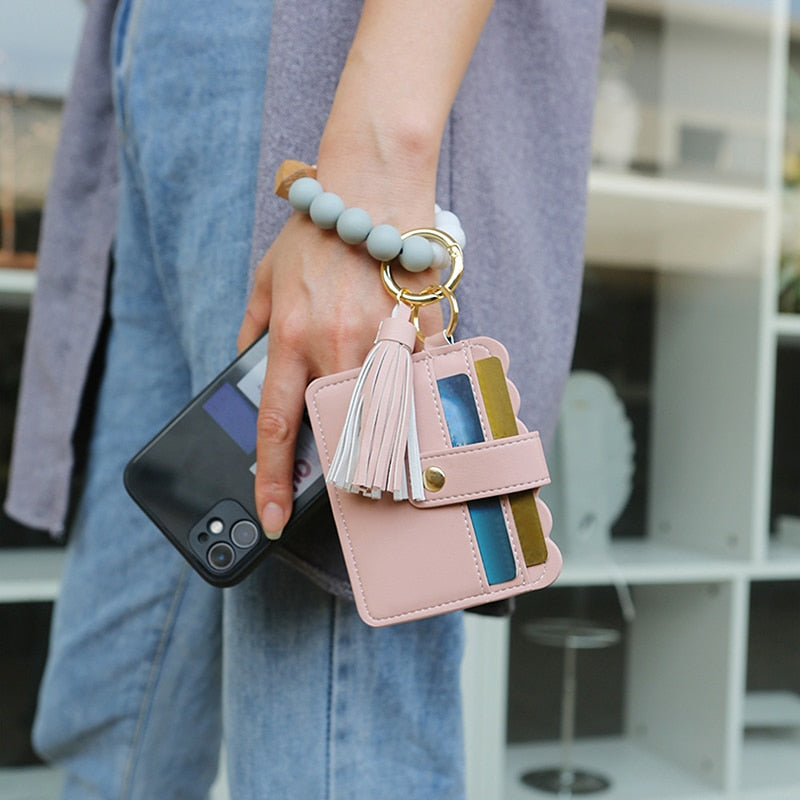 Wood Silicone Beaded Bangle Bracelets Key Rings Card Holder Wallets Leather Tassel Keychains For Women Fashion Accessories - Charlie Dolly